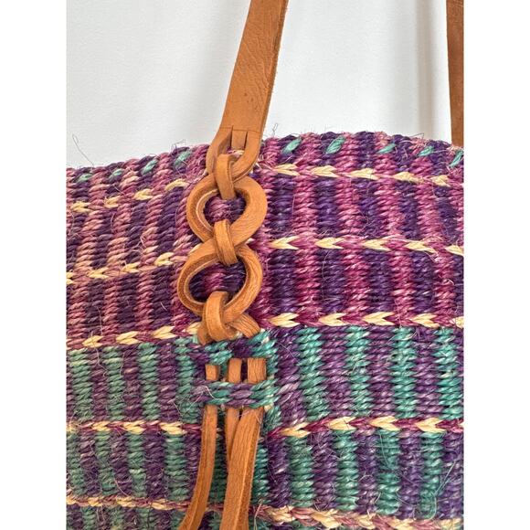 NWT Handwoven Purple & Teal Boho Retro Tote Bag with Leather Straps tassels - Picture 4 of 13